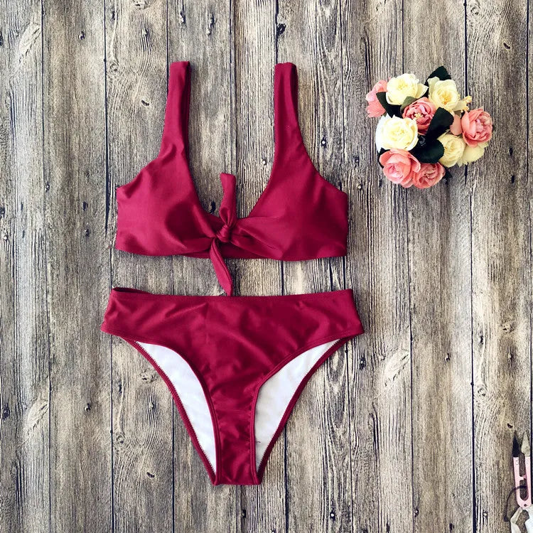 Women's pure colour bikini swimsuit in polyester fabric showing colour options