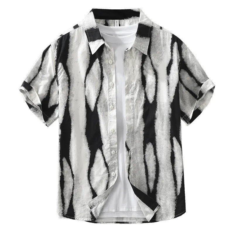 Retro striped short sleeve cardigan shirt in pure cotton fabric available in black or brown colours