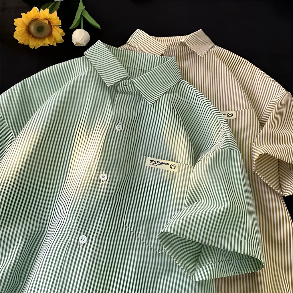 Blue and green striped loose fit plus size half sleeve polyester shirt