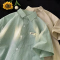 Blue and green striped loose fit plus size half sleeve polyester shirt