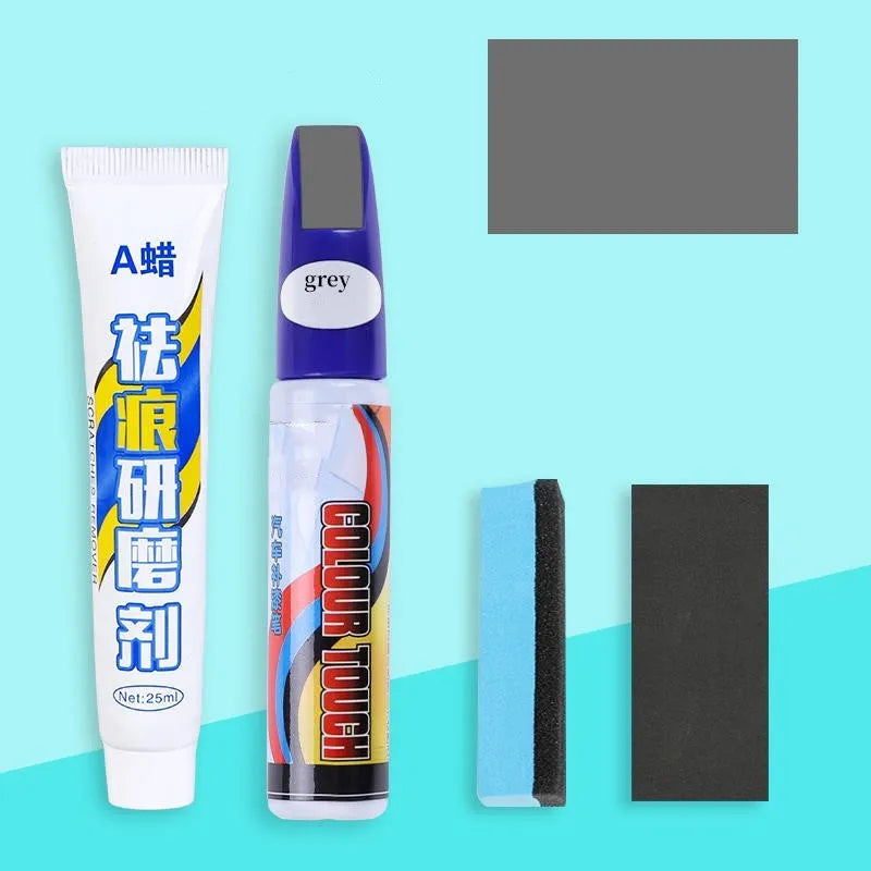 Automotive paint repair pen kit with touch-up paint, rubbing compound, sponge applicator, and sandpaper for car scratch repair