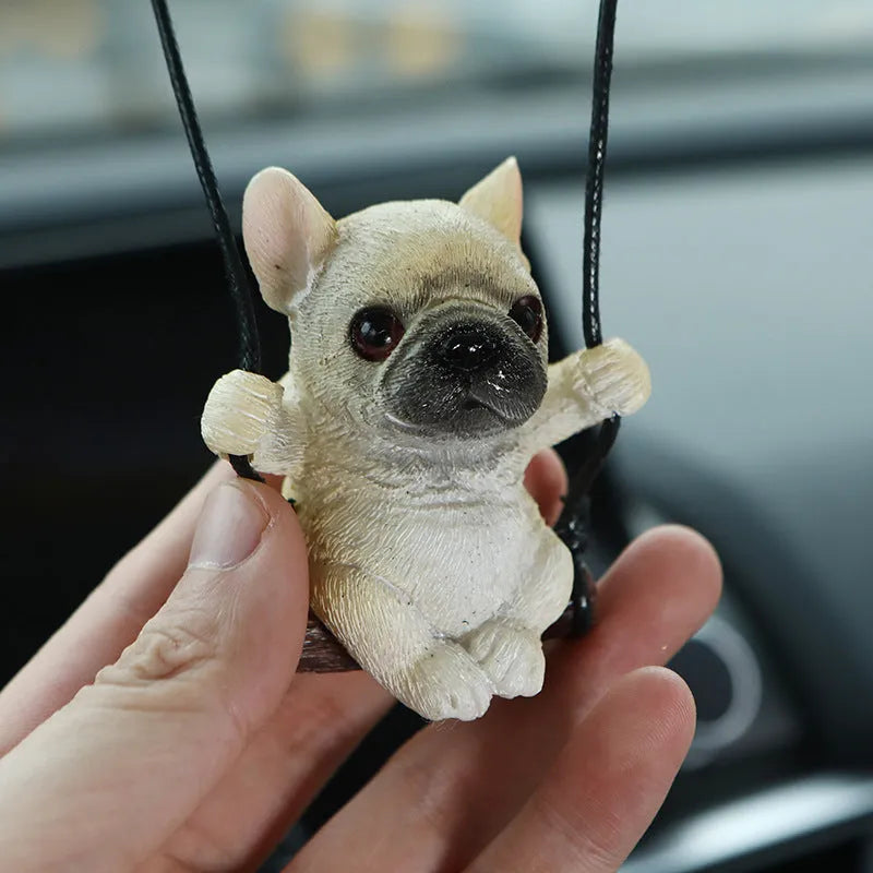 Cartoon-style resin bulldog hanging ornament for car rearview mirror in black colour