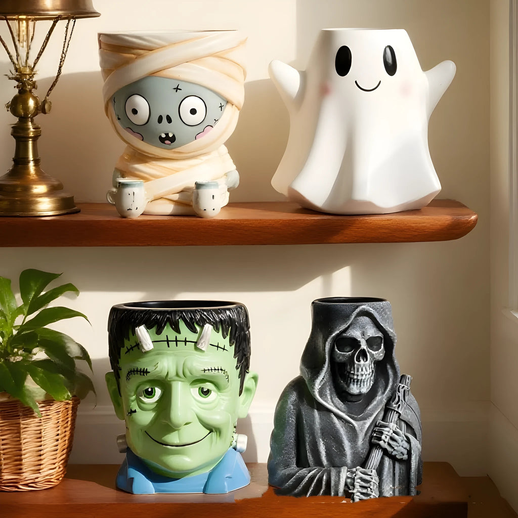 Halloween cartoon flower pot resin decorations with manual painting in zombie, ghost, Frankenstein designs