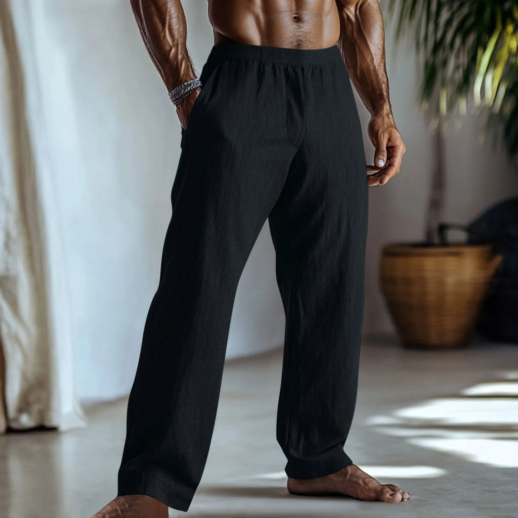 Straight-leg cotton linen trousers in British style with pockets in seven colour options