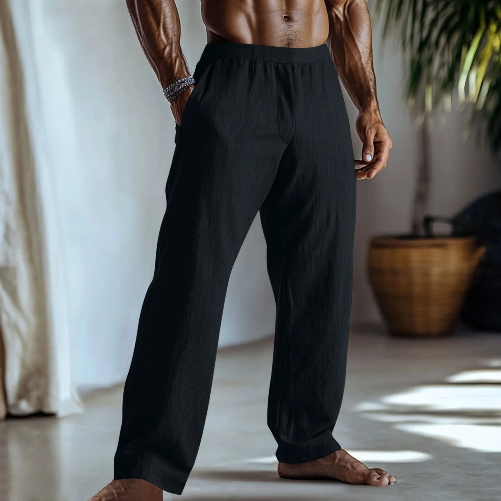 Straight-leg cotton linen trousers in British style with pockets in seven colour options