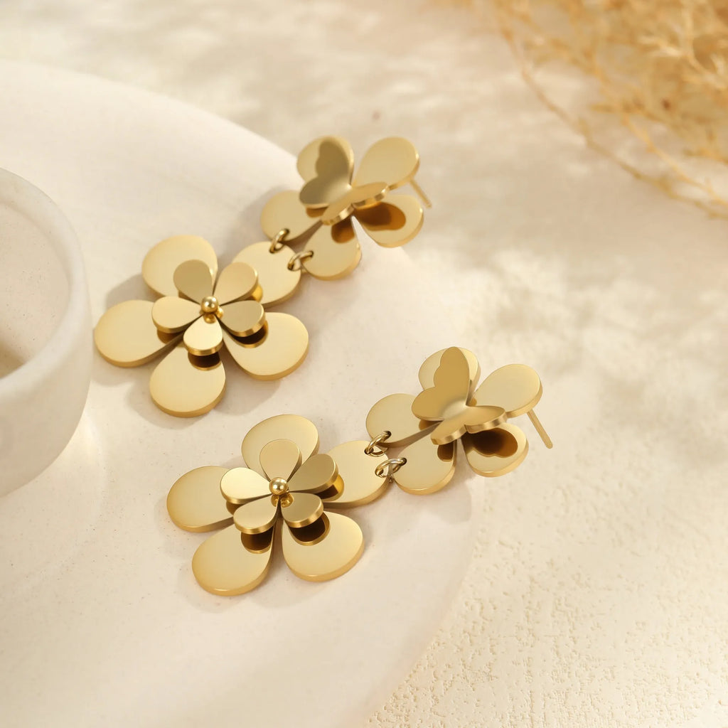 Gold-coloured stainless steel earrings with floral and butterfly design for women