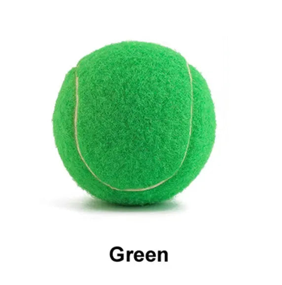 Blue, green, pink, and yellow 6.3cm rubber dog tennis balls for bite-resistant fetch play.