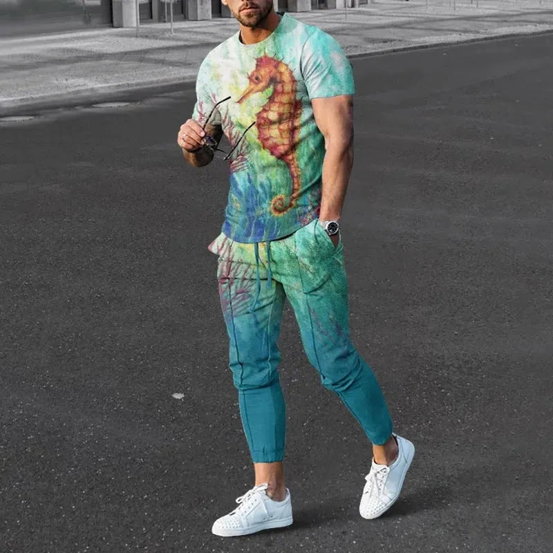 Man wearing a short-sleeved printed pullover and matching trousers from a lightweight polyester sport suit set.