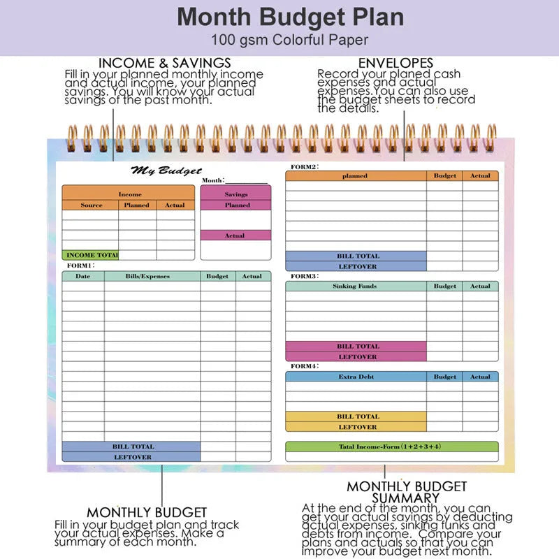 B5 budget tally book with spiral binding showing PP cover and open pages for financial recording