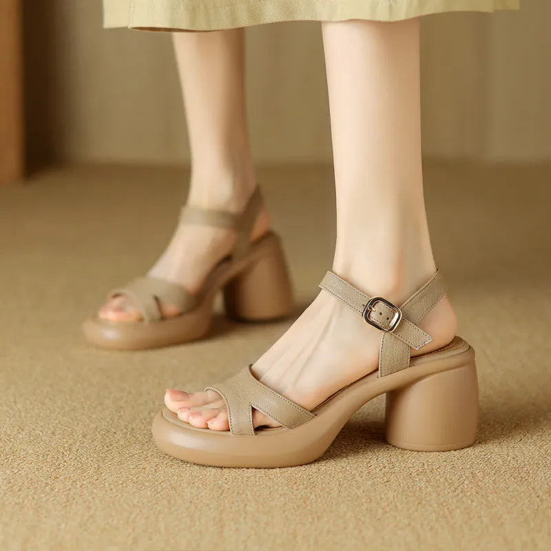 Women's open toe platform sandals in apricot with microfiber upper and rubber sole.
