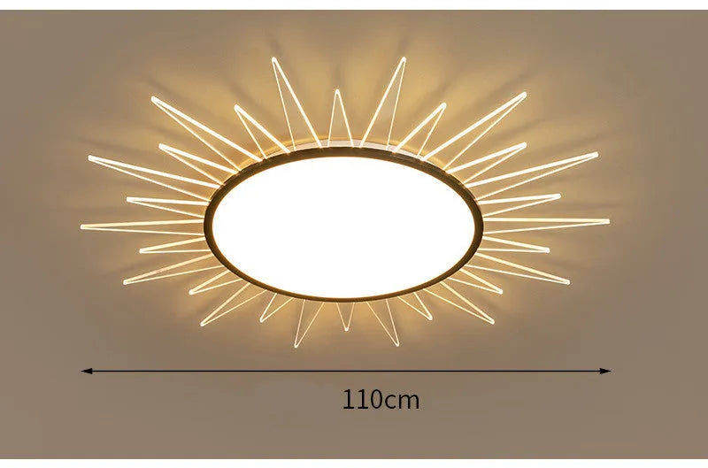 Modern circular aluminium LED ceiling lamp with remote control shown in room setting