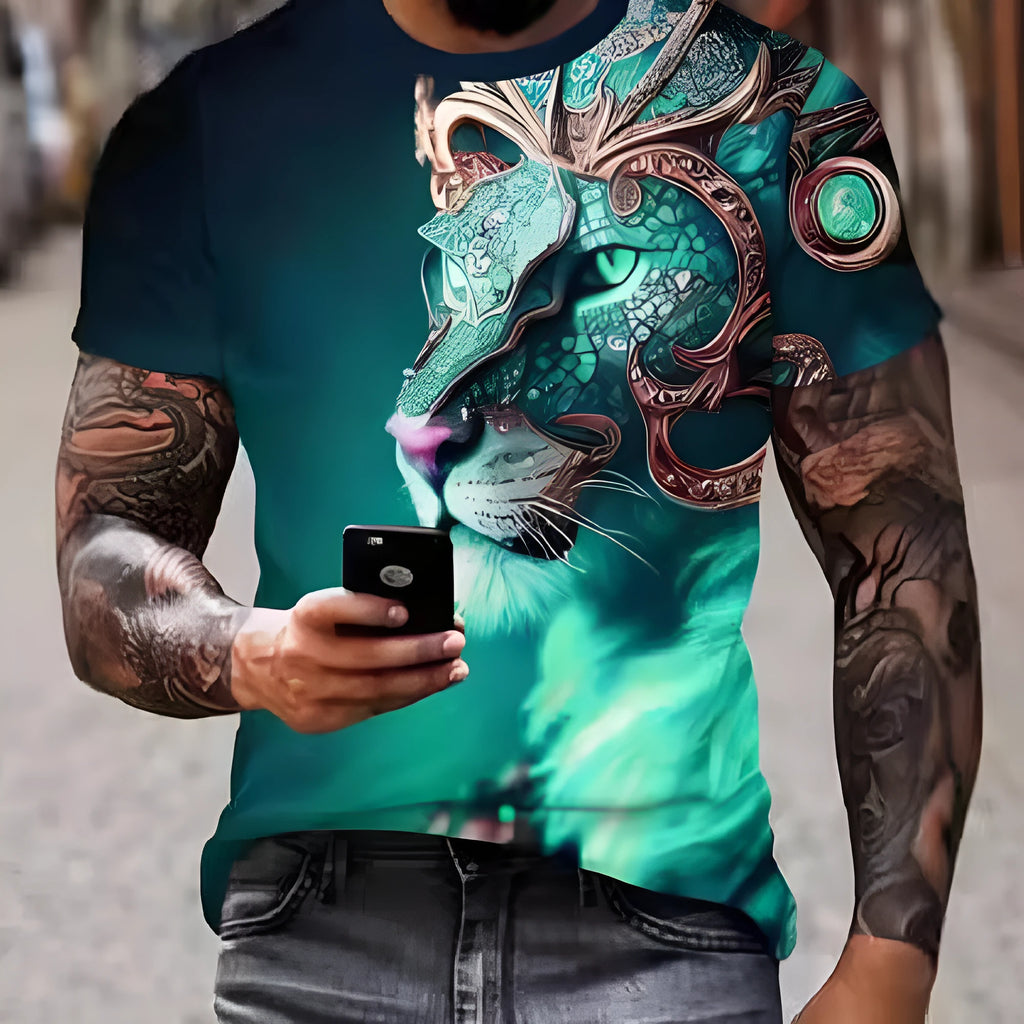 Men's grey t-shirt with a fierce 3D lion head graphic print on the front.