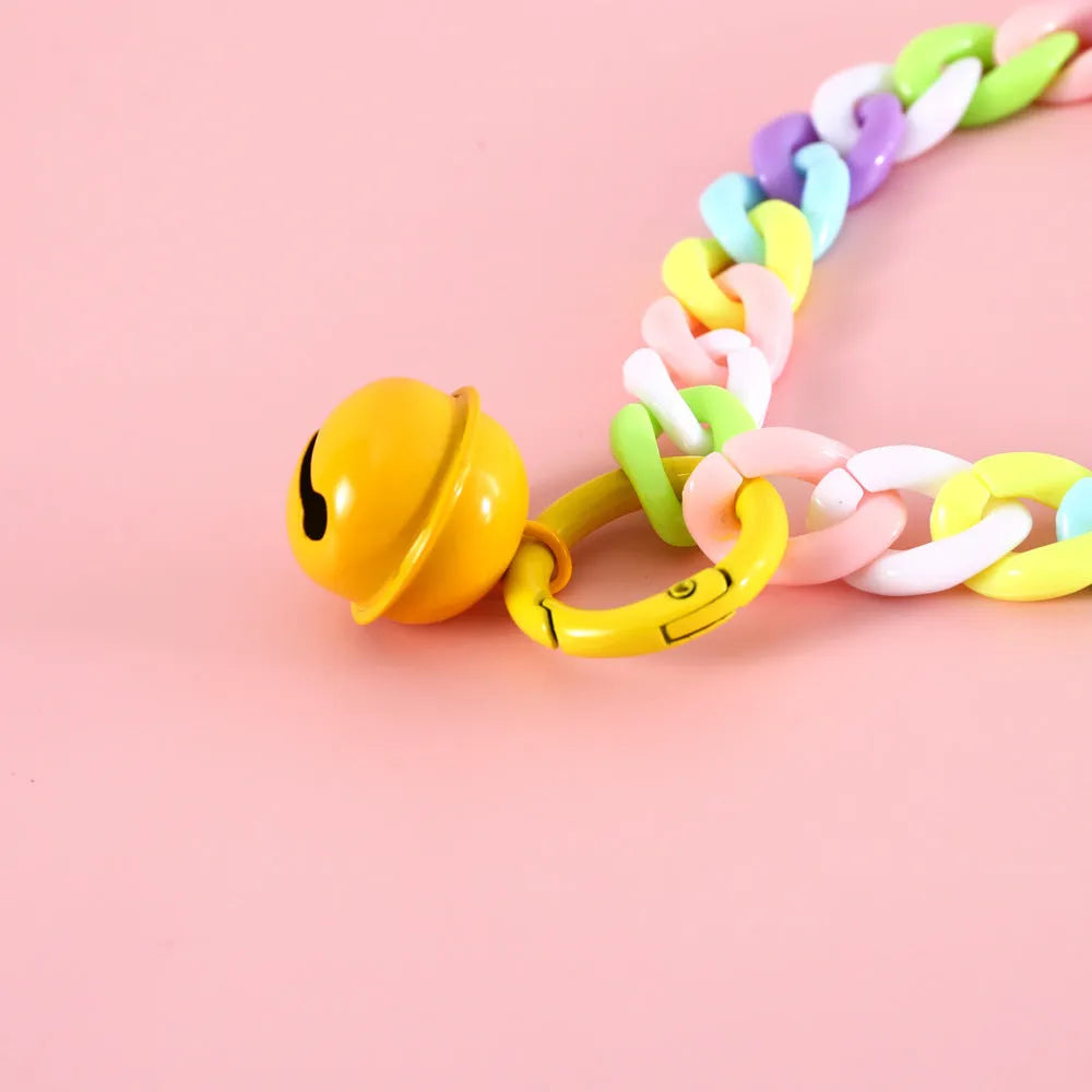 Plastic macaron candy colour chain-style pet collar for cats and dogs in blue, pink, and mixed colours.