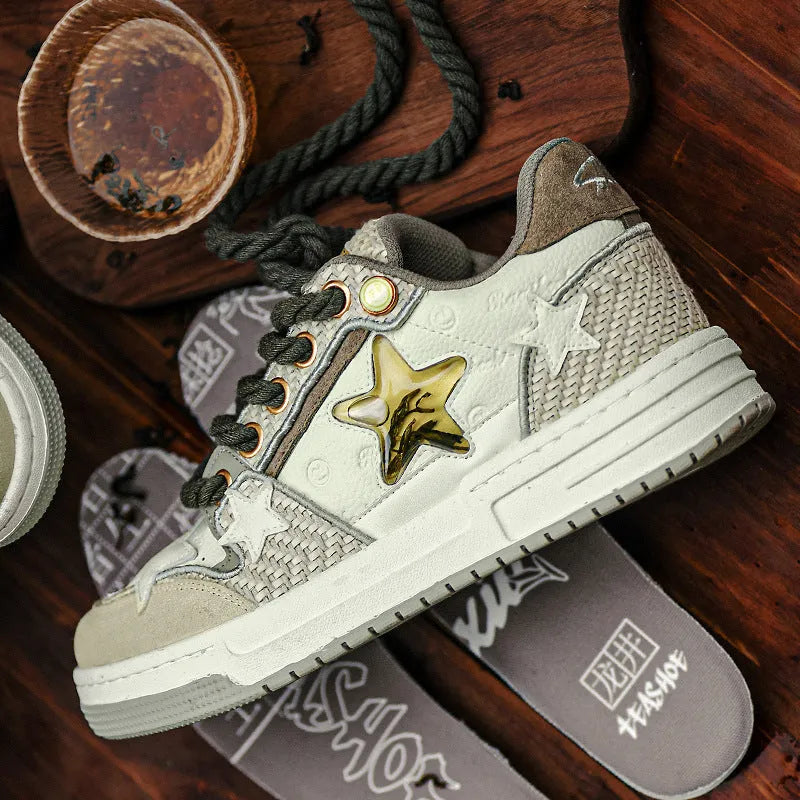 Brown leather platform running shoes with round toe and lace-up closure on white background