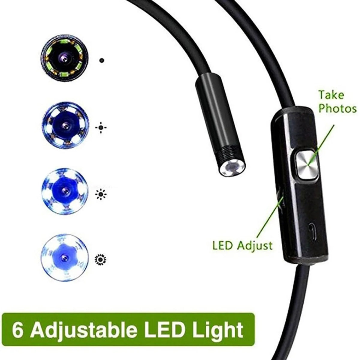 3-in-1 Industrial endoscope with USB cable for Android phones, showing waterproof probe, hook, magnet, and side mirror accessories.