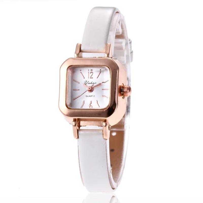 Women's fashion watch with alloy case in black, white, pink, or brown colours showing 10mm thickness profile