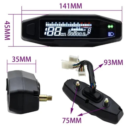 Black motorcycle mini speedometer with LCD display showing speedometer, odometer, tachometer and fuel gauge functions