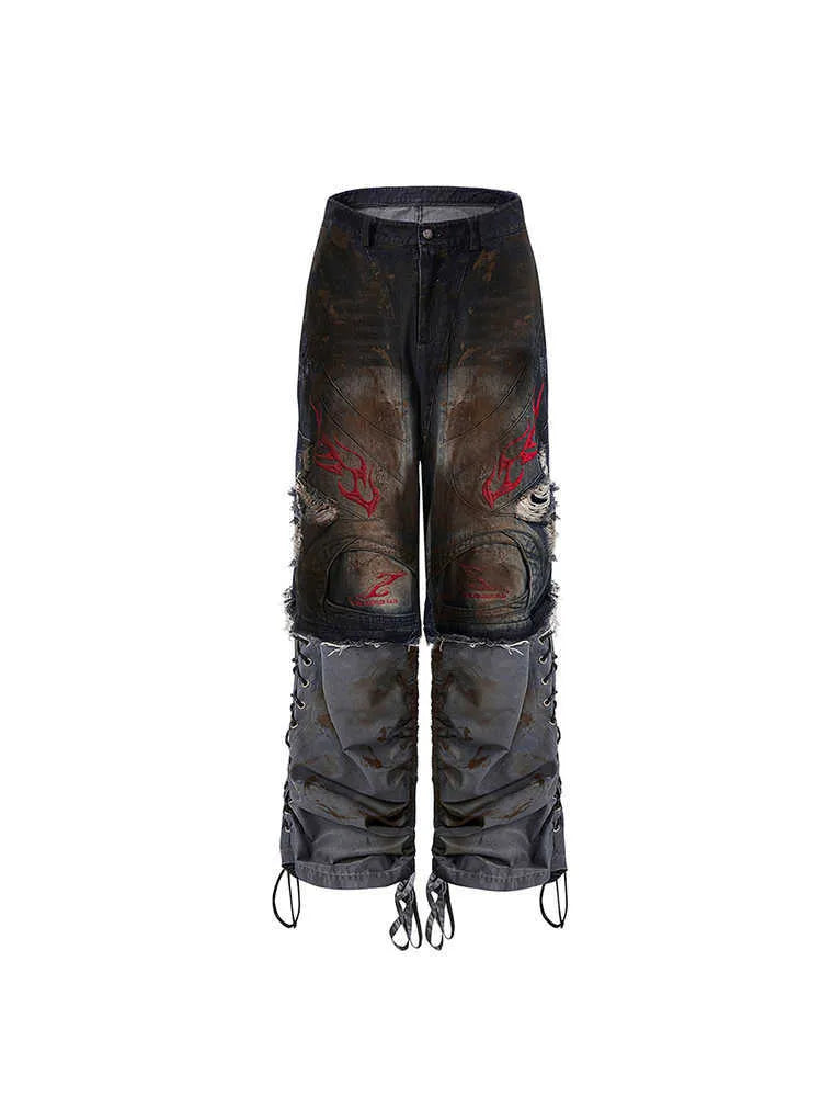 Men's retro denim jeans with detachable trouser legs in wide-leg loose fit