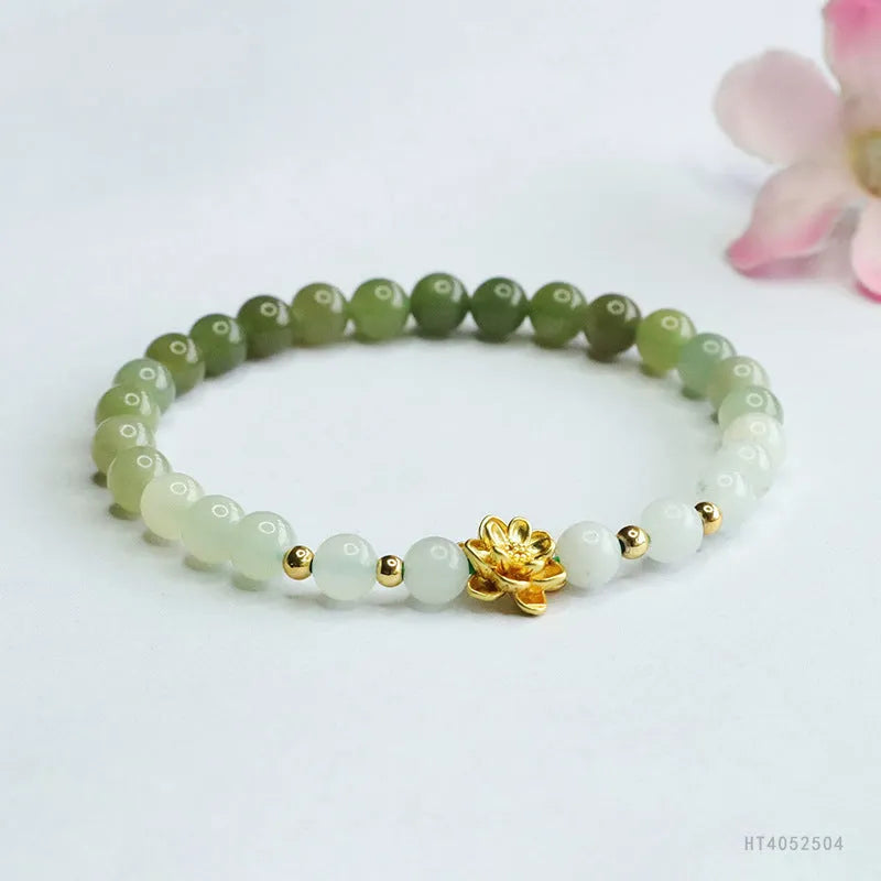 Hand-woven ancient style bracelet with Hetian jade gradient colour and 6mm beads on 17cm length