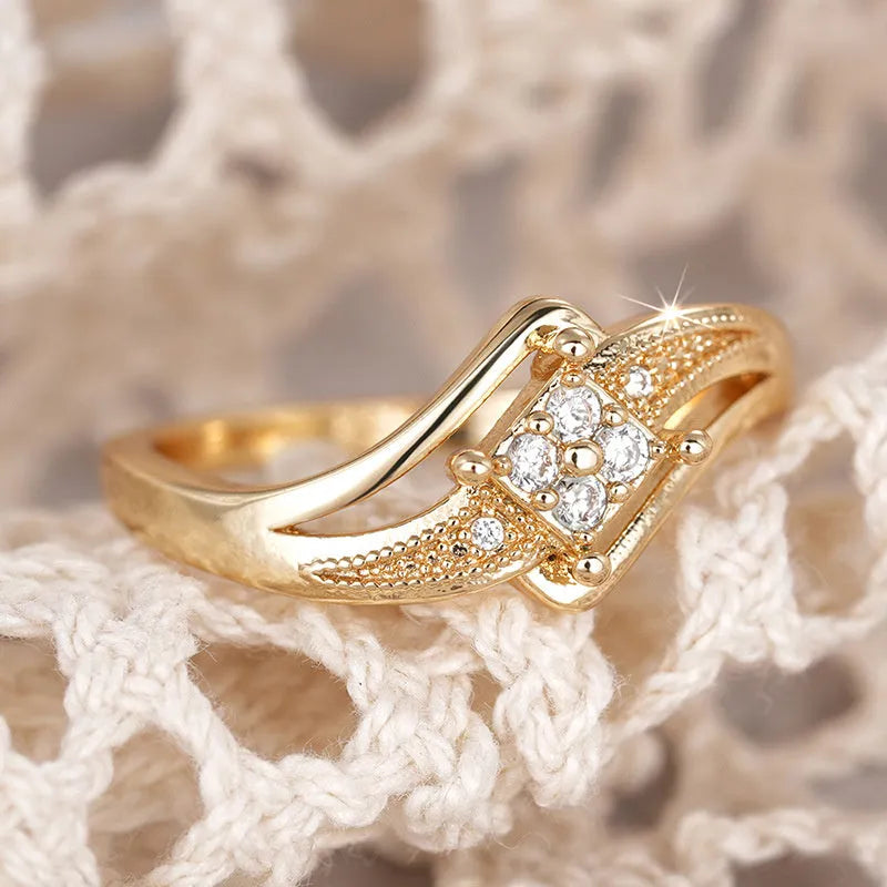 Women's geometric diamond ring with micro inlaid zircon detailing in yellow gold colour