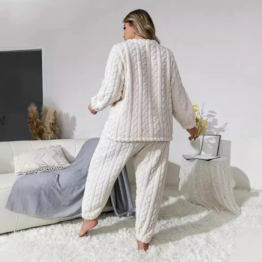 Women's creamy white polyester two-piece suit set with plush crew neck top and trousers
