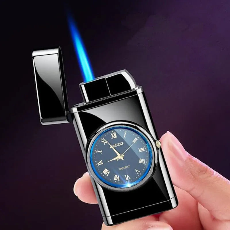 Personalized electronic watch lighter with LED lamp in metal body showing multiple functions