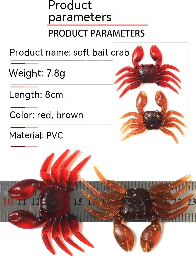 PVC crab fishing lure measuring 8cm in red and brown colour variations