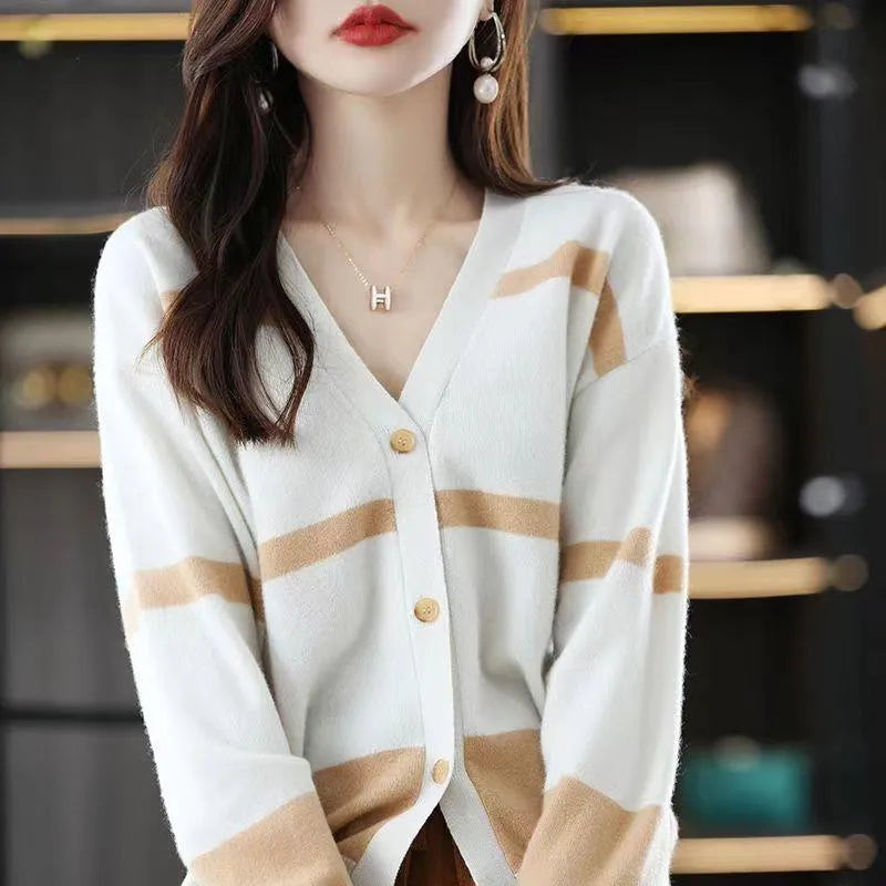 Women's striped V-neck knitted cardigan in composite fabric with slim fit