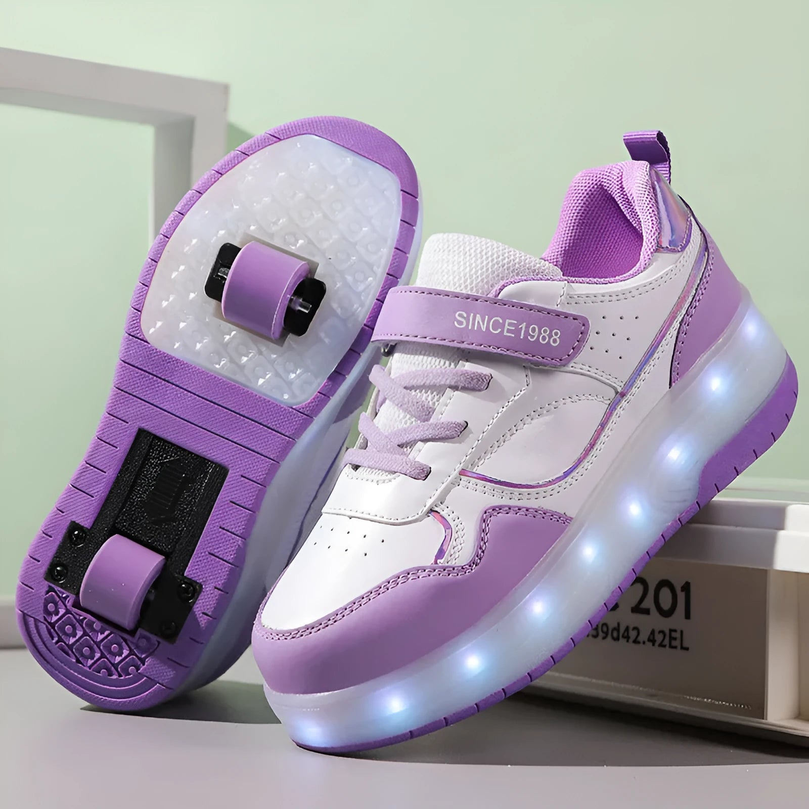 Charging flash rollerskates with LED lights in black, pink, purple, and white colours