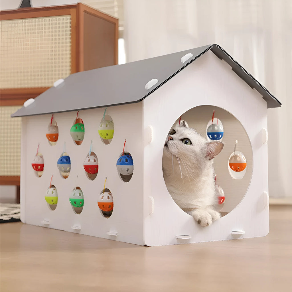 Plastic cat scratch board with integrated tunnel, bell ball toy, and enclosed nest design