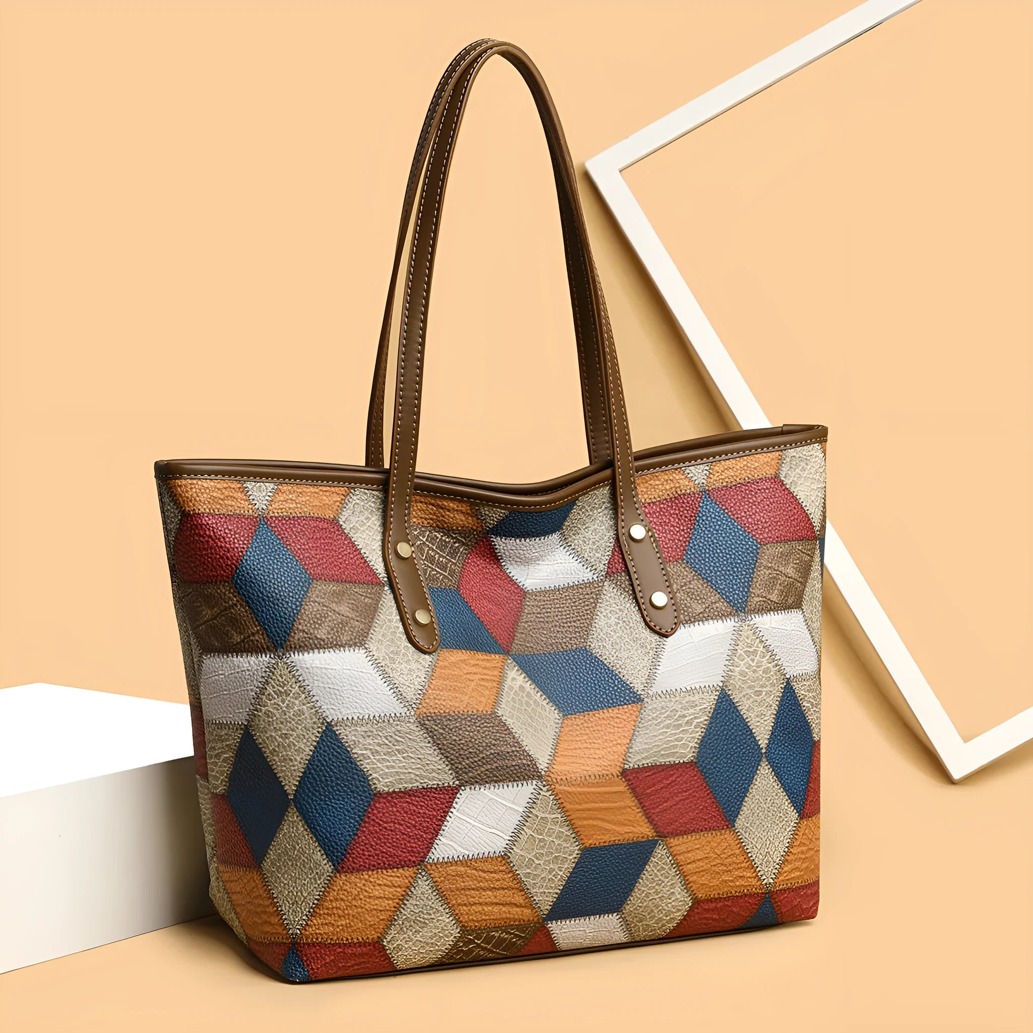 Women's PVC shoulder bag with sandwich pocket organisation in blue brown colour