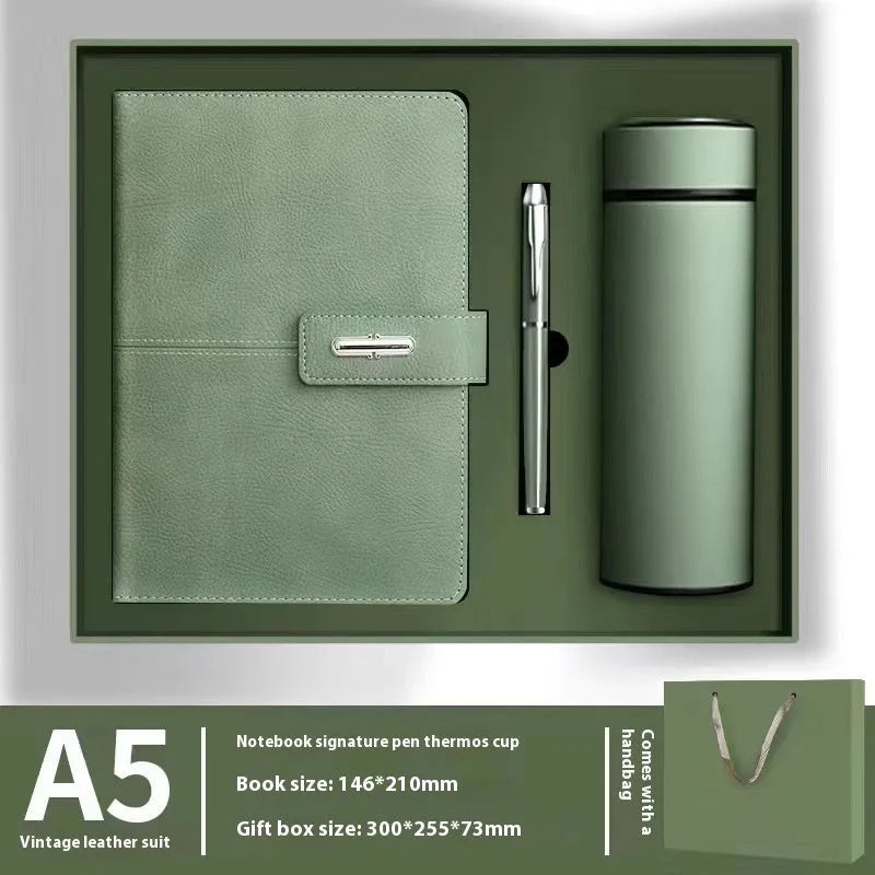 A5 notebook with PU leather cover shown in multiple colour options including black, red, green, blue, and orange.
