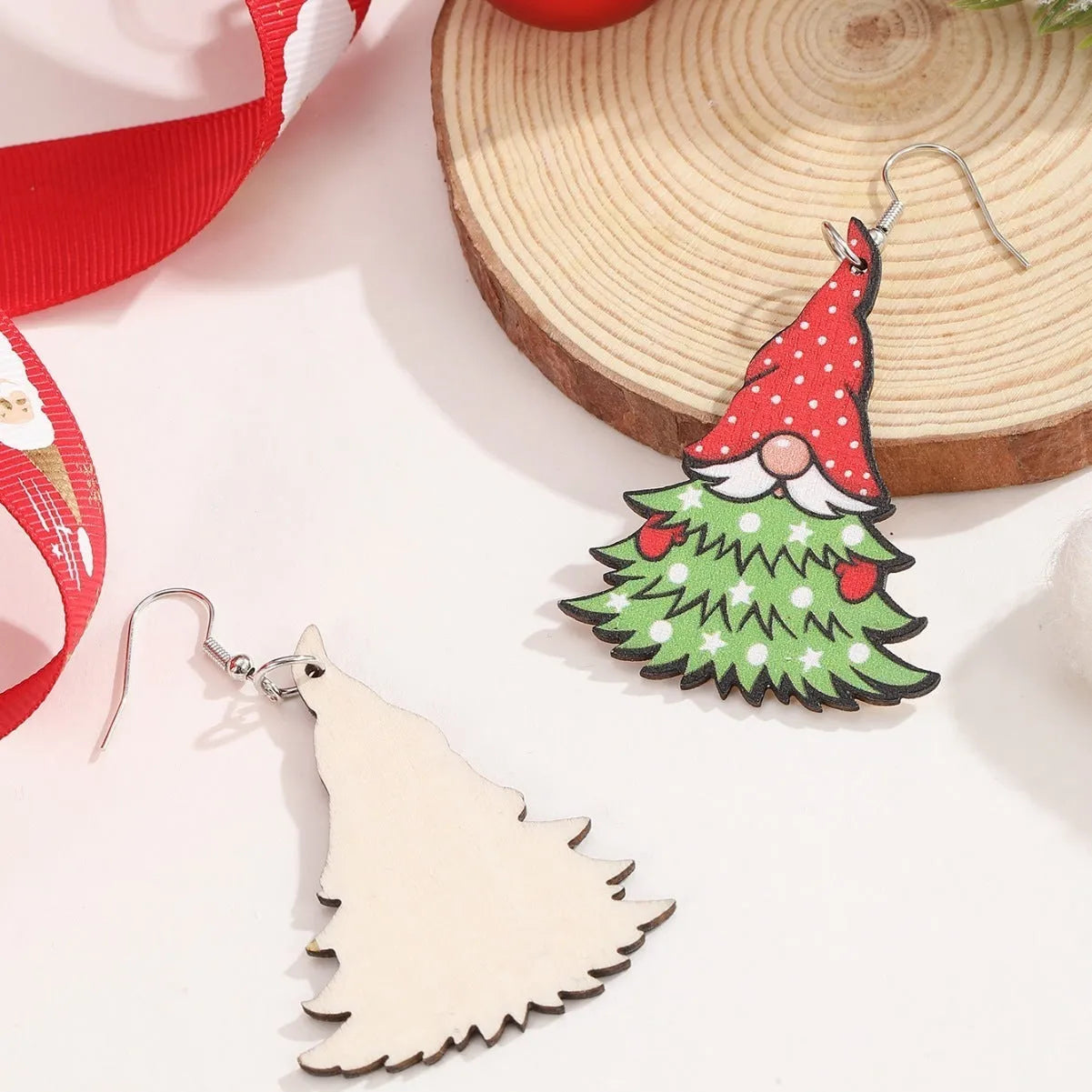 Wooden Christmas earrings with printed Santa Claus designs in Christmas Tree and Snowman styles