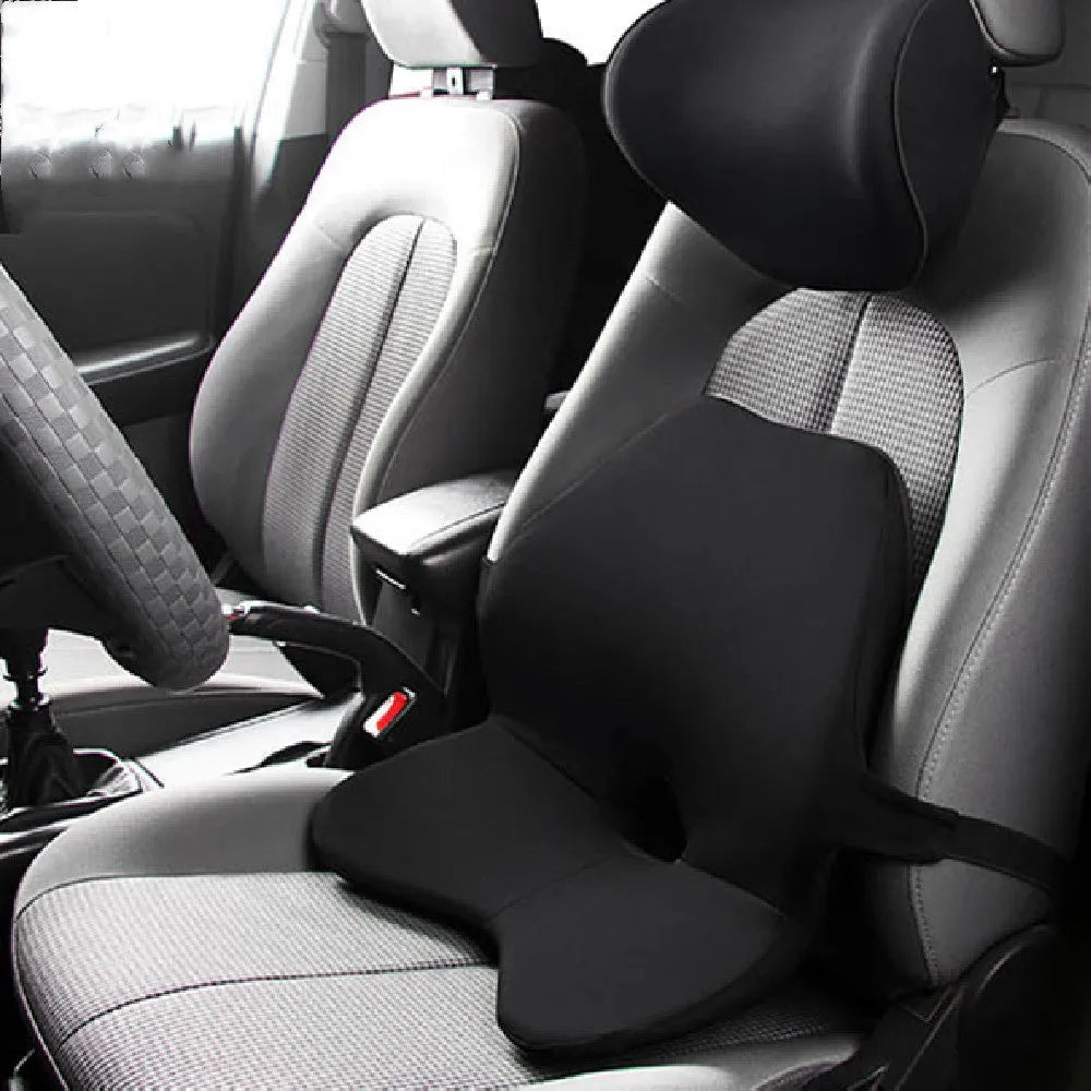 Car waist support pad with memory foam cushioning and adjustable straps shown in beige colour option