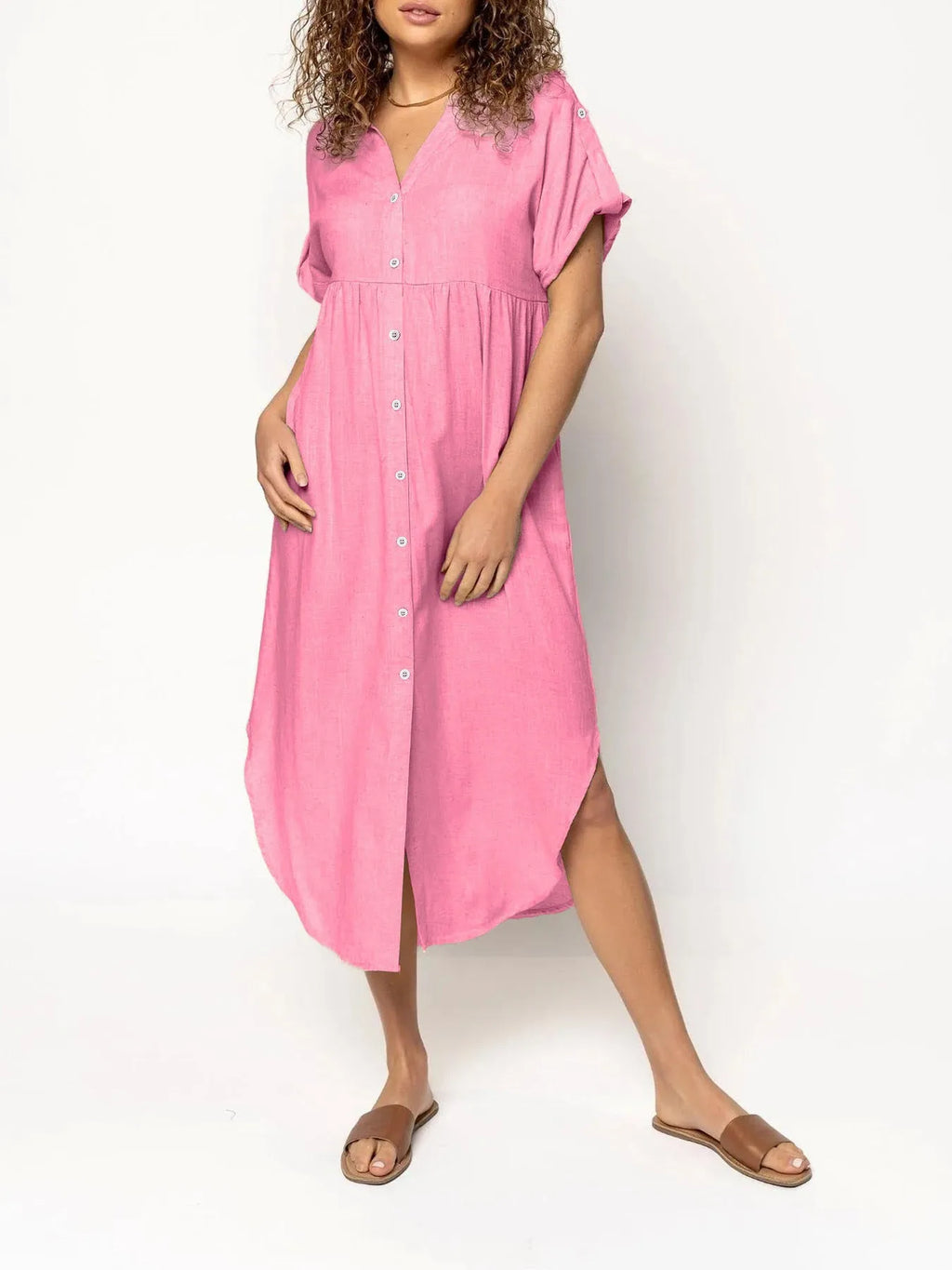 Women's loose mid-length casual dress with button front in solid colour options