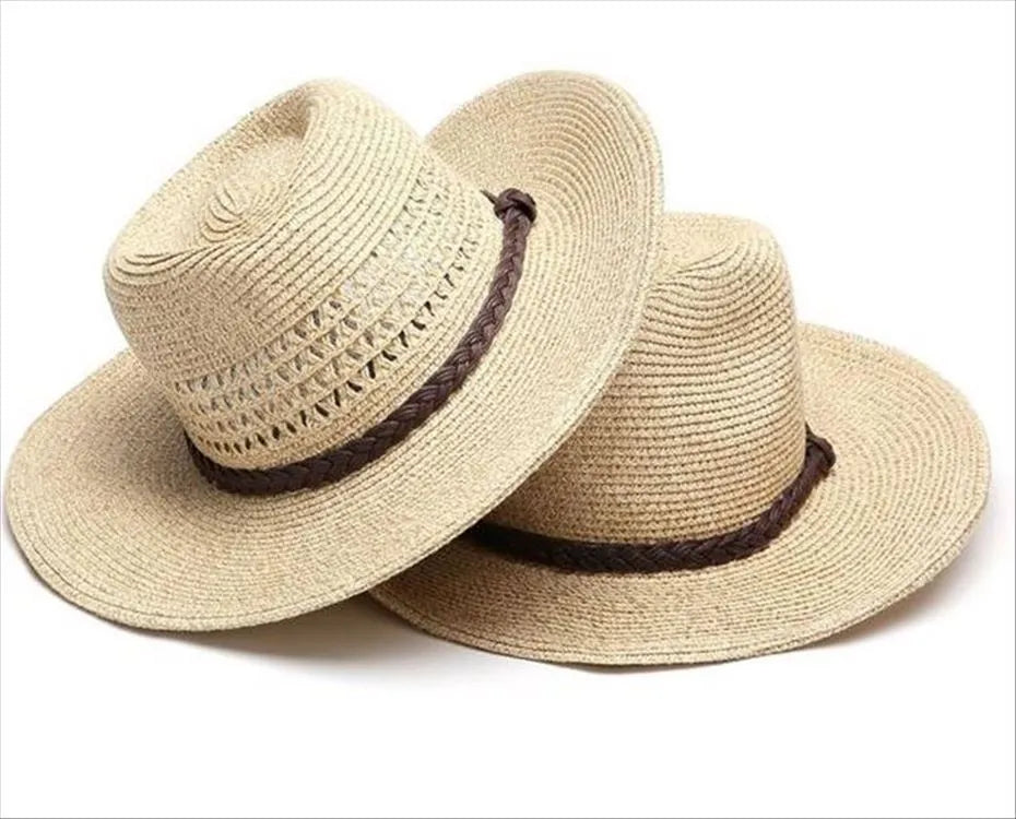 Men's foldable straw sun hat with a wide brim shown in mixed beige colour.