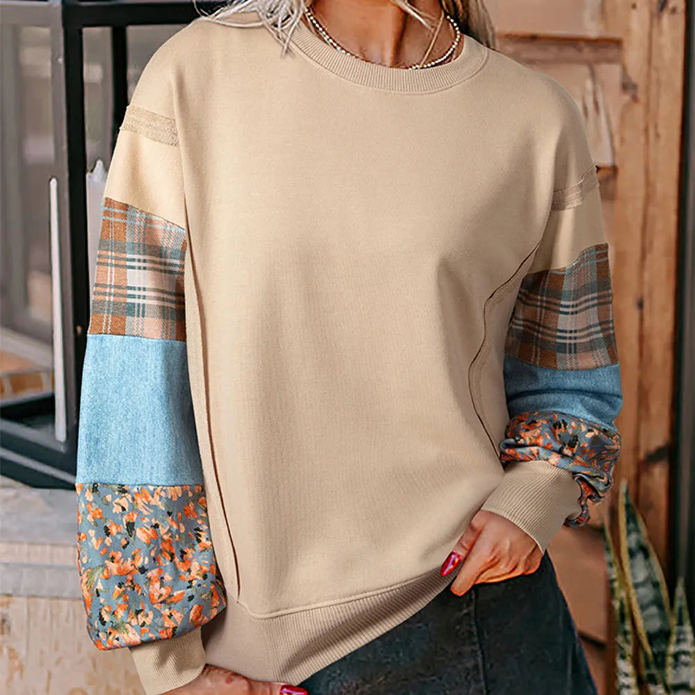 Women's plaid stitching long-sleeved polyester top in beige colour