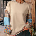 Women's plaid stitching long-sleeved polyester top in beige colour