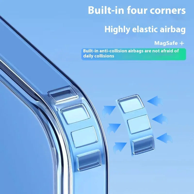 Transparent magnetic straight edge phone case for Apple 16 and 16 Plus with airbag drop-resistant corners.