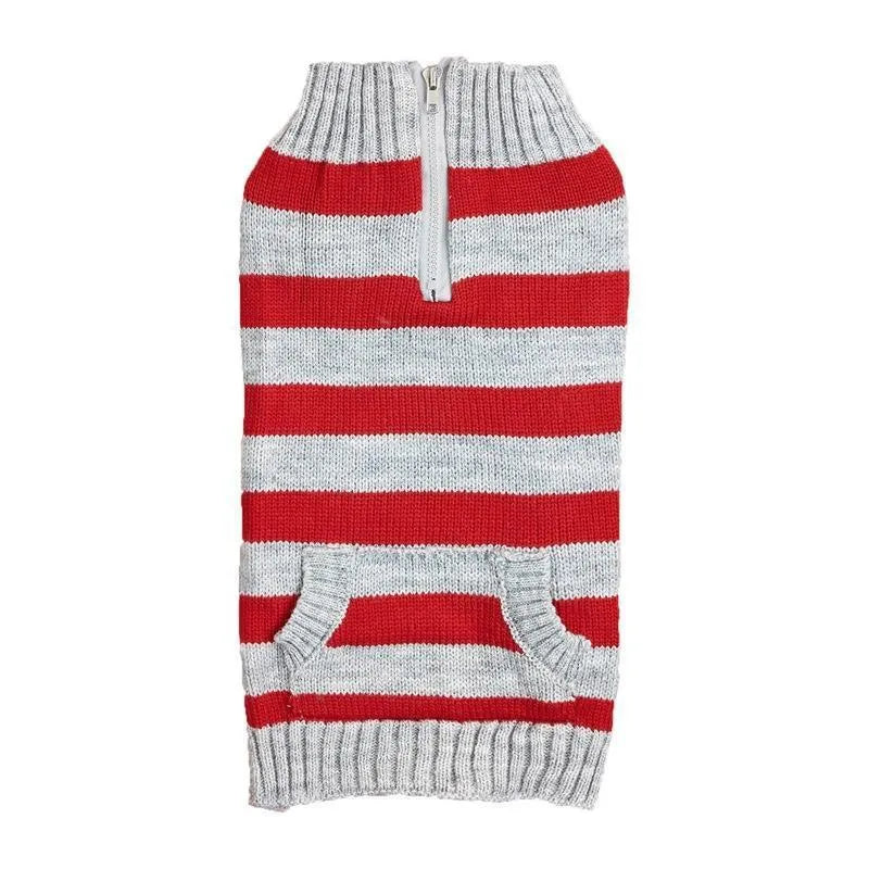 Grey dog sweater with horizontal zipper and button pocket on small breed dog