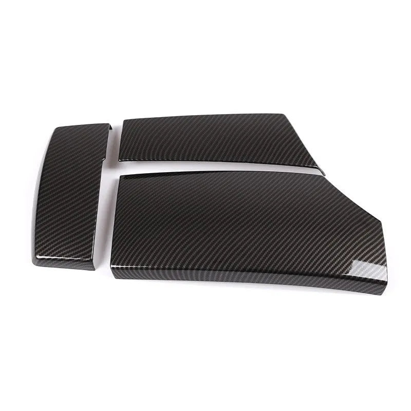 Set of three glossy black carbon fibre pattern ABS protective covers for a car armrest box.