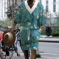 Men's peacock blue 3D printed polyester shorts suit with T-shirt top and matching knitted leisure shorts