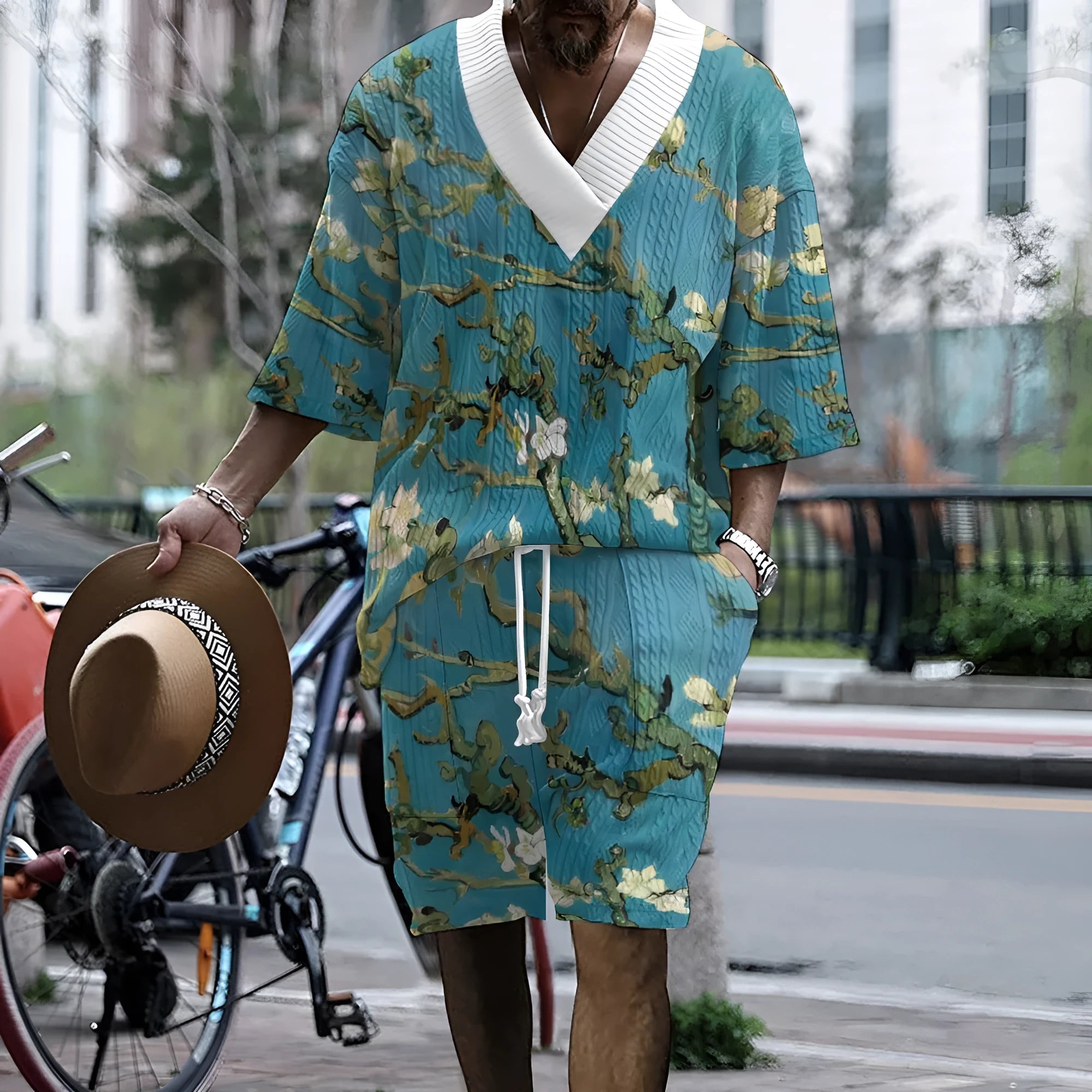 Men's peacock blue 3D printed polyester shorts suit with T-shirt top and matching knitted leisure shorts
