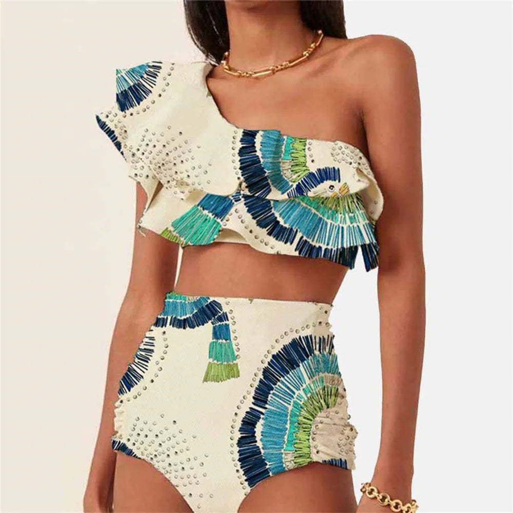 White women's one-shoulder swimsuit with double-layer skirt showing side split design