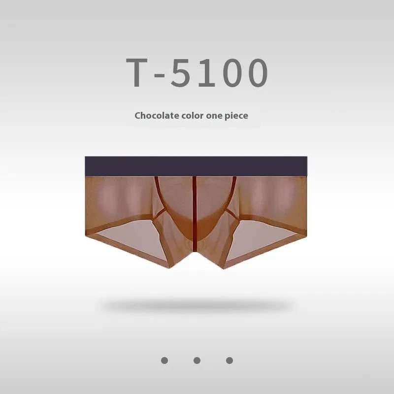Men's seamless low-waist ice silk underwear in chocolate colour, showing ultra-thin fabric and hip-lifting design.