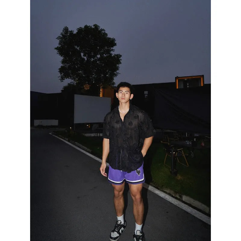 Heavy industry short-sleeved shirt with three-dimensional floral print in milky white and black polyester fabric