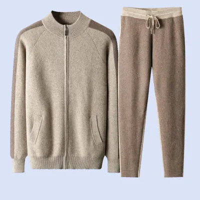 Men's camel coloured cashmere blend knitted cardigan suit with half turtleneck zipper and matching trousers