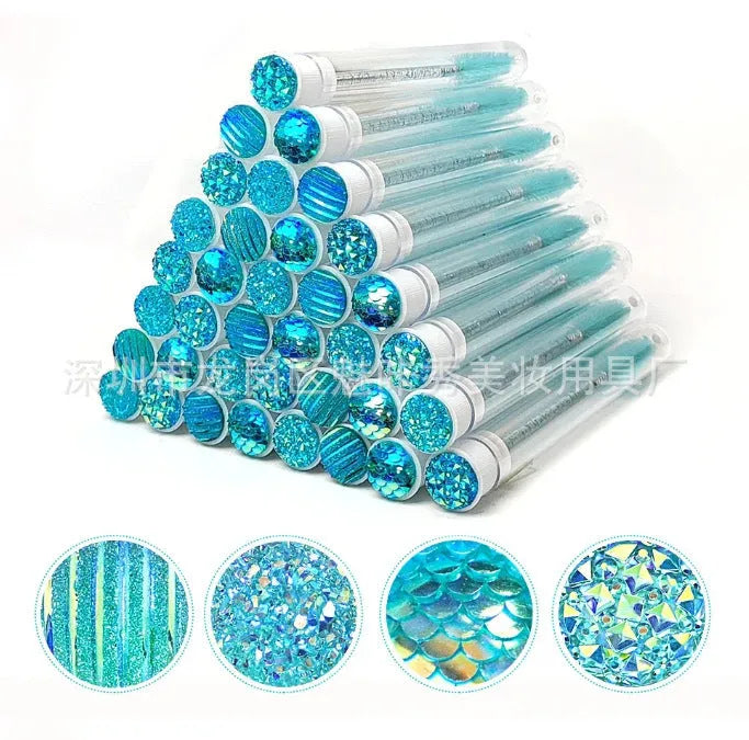 Disposable eyelash brushes in four colours with transparent storage tubes for mascara and extension work