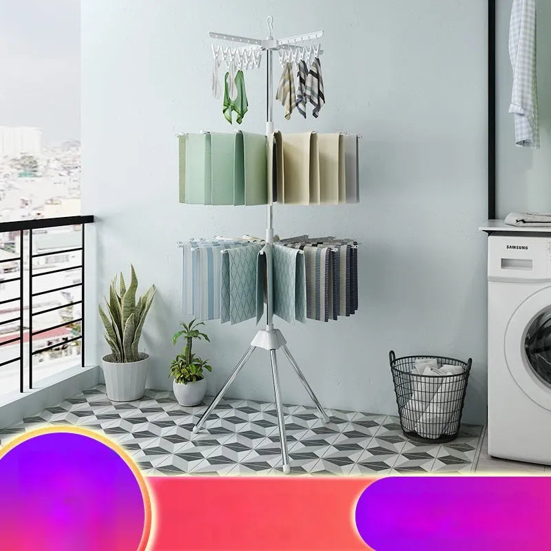 Stainless steel three-layer laundry drying rack with adjustable plastic clips for socks and ties