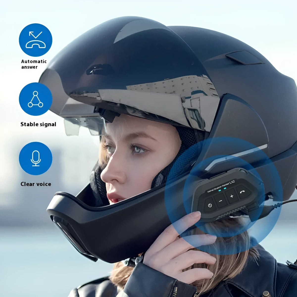 Bilateral stereo wireless rider headset in black or white with ATS chip, 15 metre range, and 25 hour battery